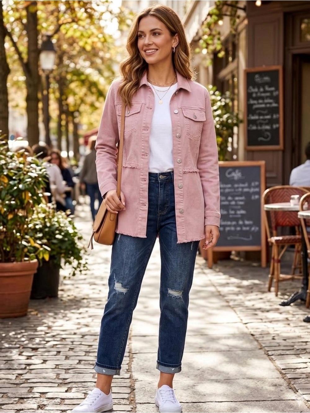 NWT LOGO Denim Soft Pink Distressed and Fringed Button-Up Jacket.  Women’s Sm.